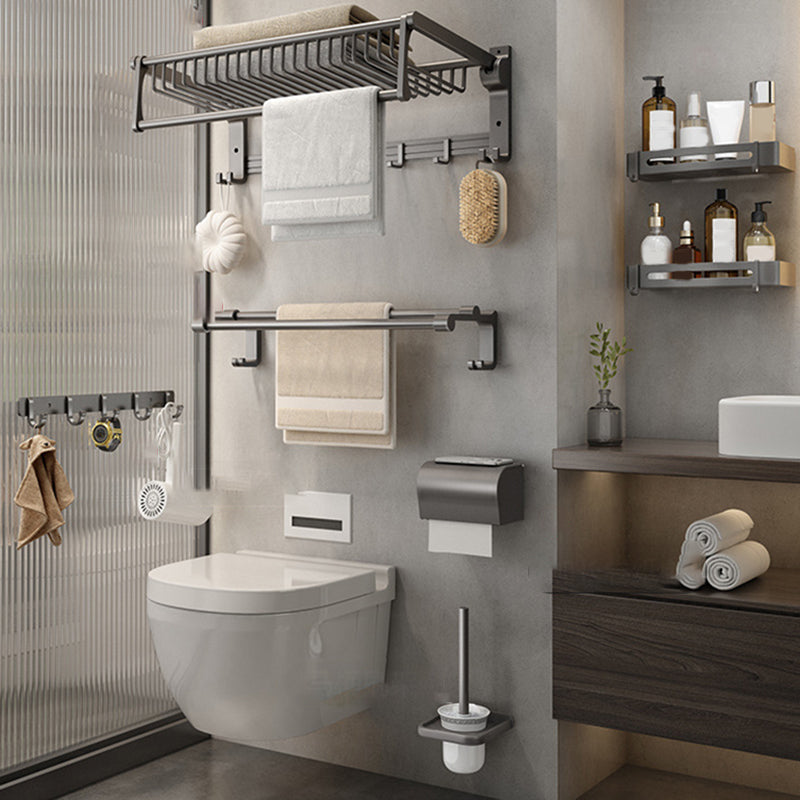Gray Contemporary Bathroom Accessory Set Bath Shelf/Towel Bar & Robe Hooks Included 7-Piece Set (Square Bath Shelf) Clearhalo 'Bathroom Hardware Sets' 'Bathroom Hardware' 'Bathroom Remodel & Bathroom Fixtures' 'bathroom_hardware_sets' 'Home Improvement' 'home_improvement' 'home_improvement_bathroom_hardware_sets' 6763667