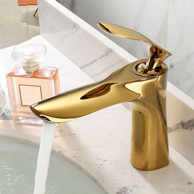 Glam Style Faucet One Lever Handle Vessel Sink Bathroom Faucet Gold 7.1" Clearhalo 'Bathroom Remodel & Bathroom Fixtures' 'Bathroom Sink Faucets' 'Bathroom Sinks & Faucet Components' 'bathroom_sink_faucets' 'Home Improvement' 'home_improvement' 'home_improvement_bathroom_sink_faucets' 6771308