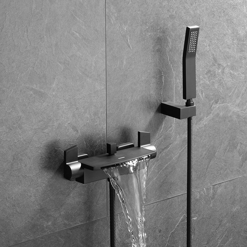 Wall Mounted Metal Tub Filler Low Arc Waterfall Bathroom Tub Faucet Trim Black Hand Shower Included Clearhalo 'Bathroom Remodel & Bathroom Fixtures' 'Bathtub Faucets' 'bathtub_faucets' 'Home Improvement' 'home_improvement' 'home_improvement_bathtub_faucets' 6771547