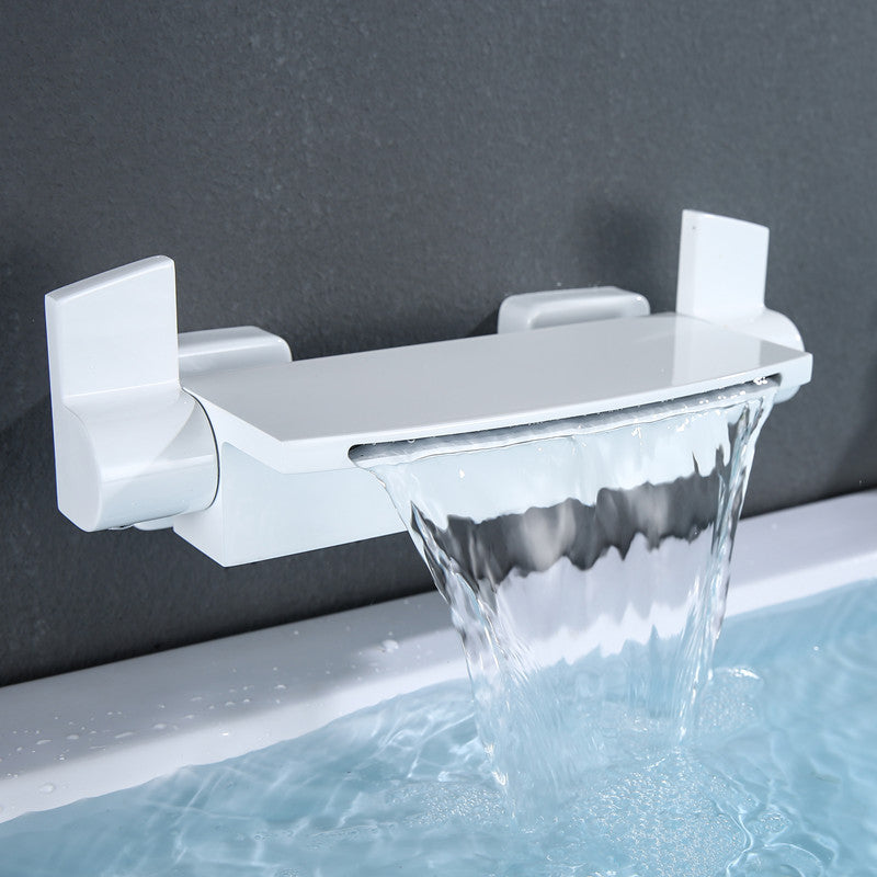 Wall Mounted Metal Tub Filler Low Arc Waterfall Bathroom Tub Faucet Trim White Hand Shower Not Included Clearhalo 'Bathroom Remodel & Bathroom Fixtures' 'Bathtub Faucets' 'bathtub_faucets' 'Home Improvement' 'home_improvement' 'home_improvement_bathtub_faucets' 6771553