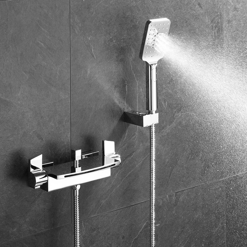 Wall Mounted Metal Tub Filler Low Arc Waterfall Bathroom Tub Faucet Trim Chrome Hand Shower Included Clearhalo 'Bathroom Remodel & Bathroom Fixtures' 'Bathtub Faucets' 'bathtub_faucets' 'Home Improvement' 'home_improvement' 'home_improvement_bathtub_faucets' 6771554