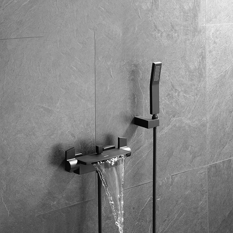 Wall Mounted Metal Tub Filler Low Arc Waterfall Bathroom Tub Faucet Trim Gun Grey Hand Shower Included Clearhalo 'Bathroom Remodel & Bathroom Fixtures' 'Bathtub Faucets' 'bathtub_faucets' 'Home Improvement' 'home_improvement' 'home_improvement_bathtub_faucets' 6771562
