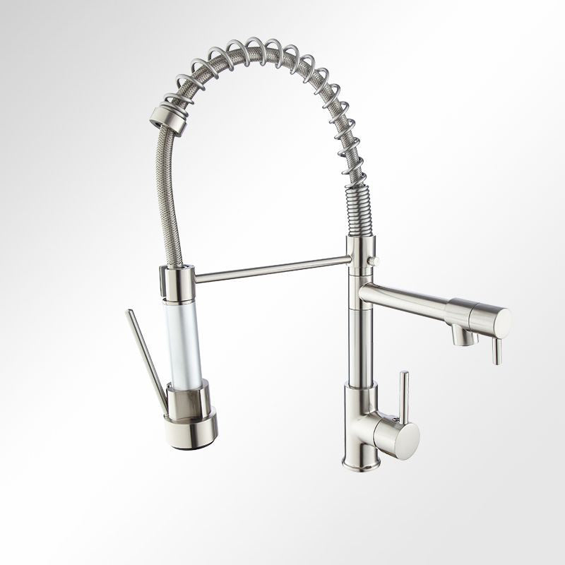Modern Farmhouse Faucet Spout Double Levers Kitchen Faucet High Arch Filler with Sprayer Nickel Clearhalo 'Home Improvement' 'home_improvement' 'home_improvement_kitchen_faucets' 'Kitchen Faucets' 'Kitchen Remodel & Kitchen Fixtures' 'Kitchen Sinks & Faucet Components' 'kitchen_faucets' 6771629