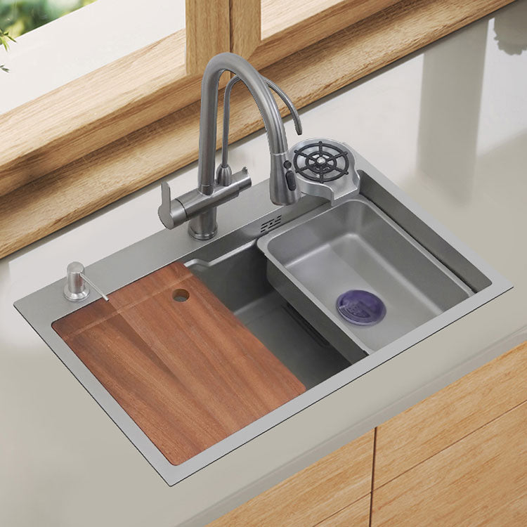 Modern Style Kitchen Sink Rectangle Shape Kitchen Sink with Single Bowl 24"L x 18"W x 9"H Sink with Faucet Pull Out Water Filter Double Faucet & Cup Washer Clearhalo 'Home Improvement' 'home_improvement' 'home_improvement_kitchen_sinks' 'Kitchen Remodel & Kitchen Fixtures' 'Kitchen Sinks & Faucet Components' 'Kitchen Sinks' 'kitchen_sinks' 6772029