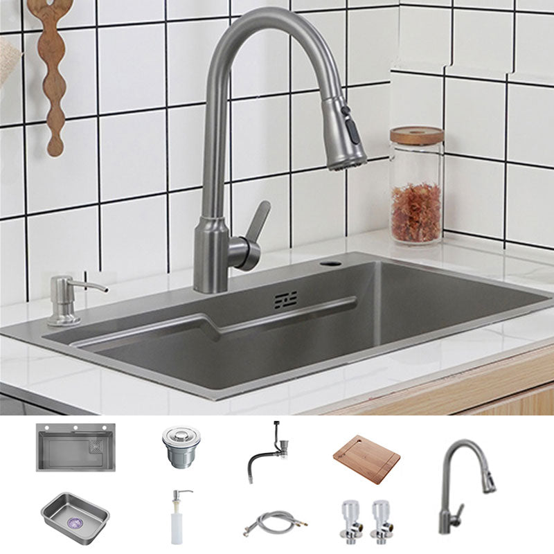 Modern Style Kitchen Sink Rectangle Shape Kitchen Sink with Single Bowl Sink with Faucet Pull Out Faucet Clearhalo 'Home Improvement' 'home_improvement' 'home_improvement_kitchen_sinks' 'Kitchen Remodel & Kitchen Fixtures' 'Kitchen Sinks & Faucet Components' 'Kitchen Sinks' 'kitchen_sinks' 6772033