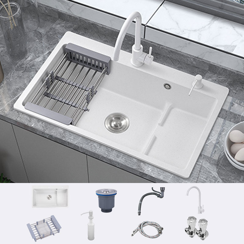 Contemporary Style Kitchen Sink Quartz Kitchen Sink in White Sink with Faucet Round Faucet Clearhalo 'Home Improvement' 'home_improvement' 'home_improvement_kitchen_sinks' 'Kitchen Remodel & Kitchen Fixtures' 'Kitchen Sinks & Faucet Components' 'Kitchen Sinks' 'kitchen_sinks' 6772057