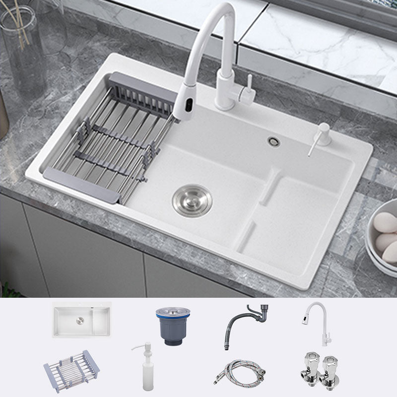 Contemporary Style Kitchen Sink Quartz Kitchen Sink in White Sink with Faucet Pull Out Faucet Clearhalo 'Home Improvement' 'home_improvement' 'home_improvement_kitchen_sinks' 'Kitchen Remodel & Kitchen Fixtures' 'Kitchen Sinks & Faucet Components' 'Kitchen Sinks' 'kitchen_sinks' 6772058