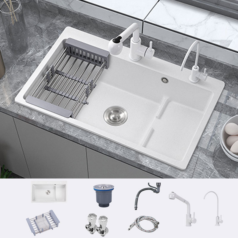 Contemporary Style Kitchen Sink Quartz Kitchen Sink in White Sink with Faucet Tobacco Pull Out Water Filter Double Faucet Clearhalo 'Home Improvement' 'home_improvement' 'home_improvement_kitchen_sinks' 'Kitchen Remodel & Kitchen Fixtures' 'Kitchen Sinks & Faucet Components' 'Kitchen Sinks' 'kitchen_sinks' 6772063