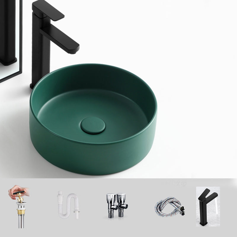 Modern Vessel Bathroom Sink Round Porcelain with Pop-Up Drain Basin Sink 14"L x 14"W x 5"H Green Square Faucet Clearhalo 'Bathroom Remodel & Bathroom Fixtures' 'Bathroom Sinks & Faucet Components' 'Bathroom Sinks' 'bathroom_sink' 'Home Improvement' 'home_improvement' 'home_improvement_bathroom_sink' 6772181