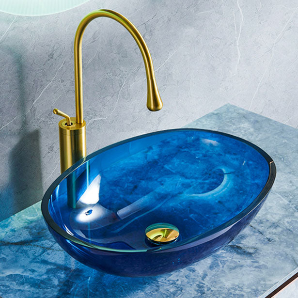 Modern Bathroom Sink Glass Oval-Shape Vessel Bathroom Sink with Pop-Up Drain 19"L x 15"W x 5"H Blue Sink with Faucet Clearhalo 'Bathroom Remodel & Bathroom Fixtures' 'Bathroom Sinks & Faucet Components' 'Bathroom Sinks' 'bathroom_sink' 'Home Improvement' 'home_improvement' 'home_improvement_bathroom_sink' 6772271