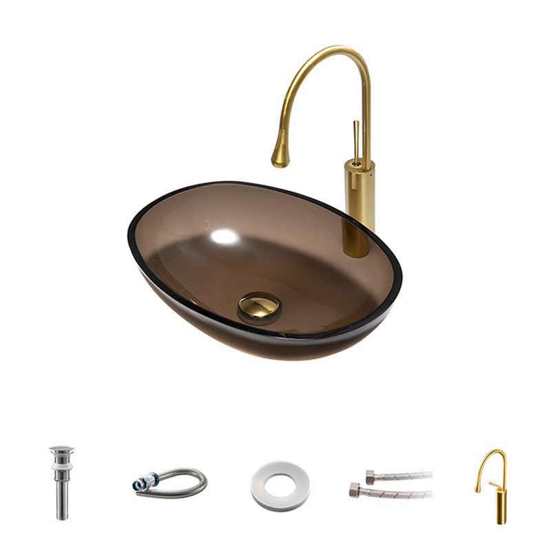 Modern Bathroom Sink Glass Oval-Shape Vessel Bathroom Sink with Pop-Up Drain 21"L x 16"W x 4"H Coffee Sink with Faucet Clearhalo 'Bathroom Remodel & Bathroom Fixtures' 'Bathroom Sinks & Faucet Components' 'Bathroom Sinks' 'bathroom_sink' 'Home Improvement' 'home_improvement' 'home_improvement_bathroom_sink' 6772276