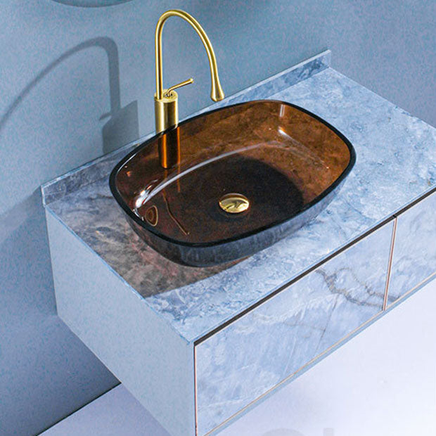 Modern Bathroom Sink Glass Oval-Shape Vessel Bathroom Sink with Pop-Up Drain 19"L x 15"W x 5"H Coffee Sink with Faucet Clearhalo 'Bathroom Remodel & Bathroom Fixtures' 'Bathroom Sinks & Faucet Components' 'Bathroom Sinks' 'bathroom_sink' 'Home Improvement' 'home_improvement' 'home_improvement_bathroom_sink' 6772283