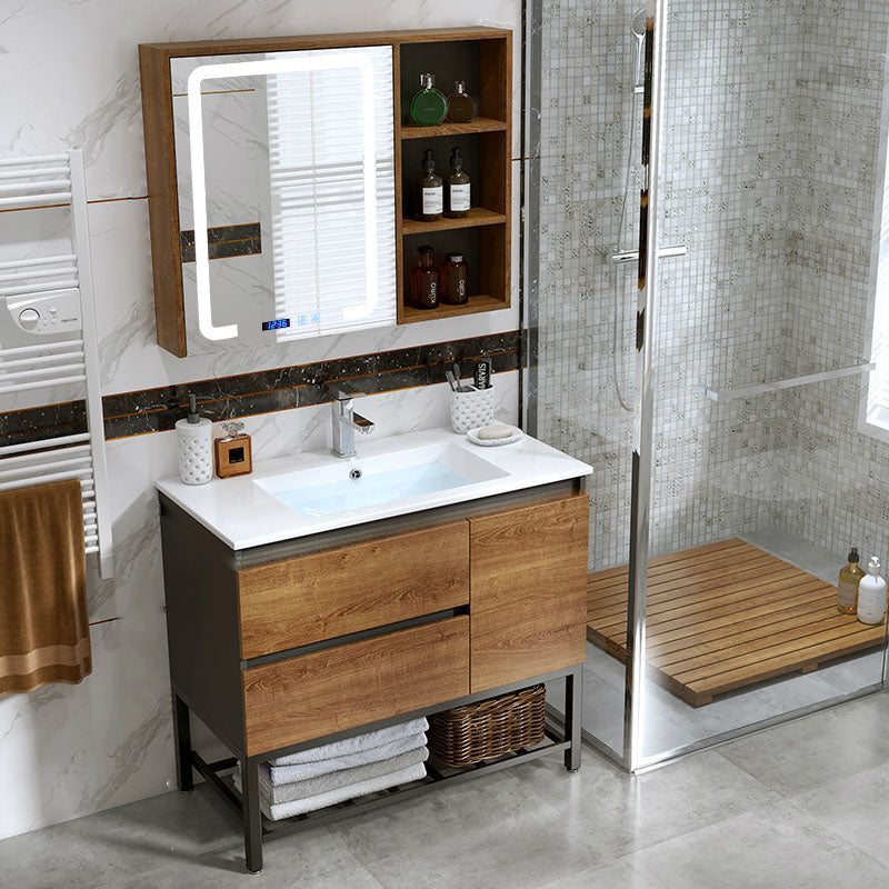 Traditional Sink Vanity Wooden Vanity Cabinet with Mirror Cabinet Vanity & Faucet & Smart Medicine Cabinet Without Legs Clearhalo 'Bathroom Remodel & Bathroom Fixtures' 'Bathroom Vanities' 'bathroom_vanities' 'Home Improvement' 'home_improvement' 'home_improvement_bathroom_vanities' 6772451