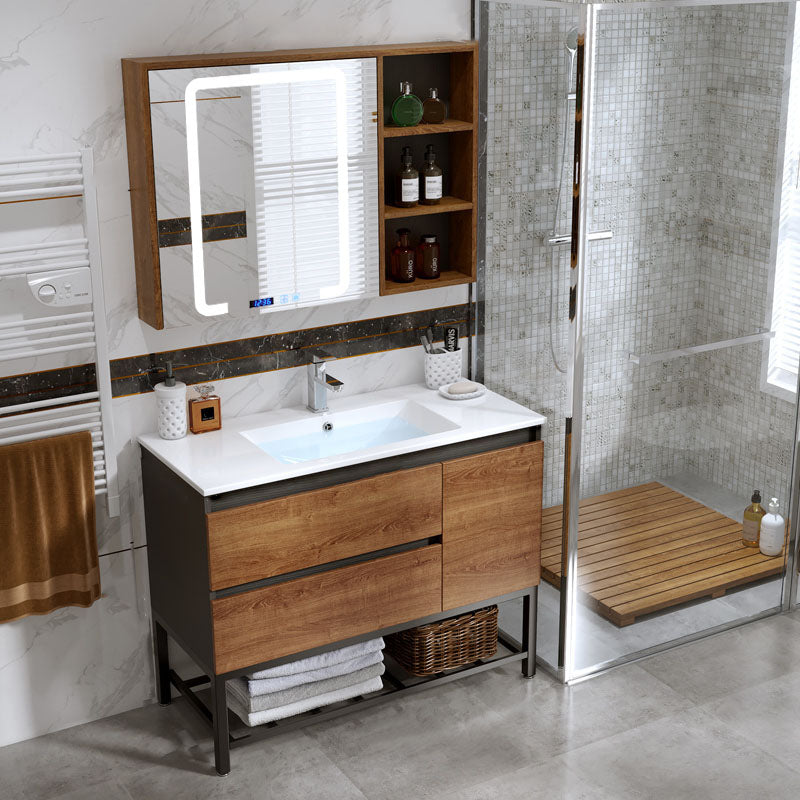 Traditional Sink Vanity Wooden Vanity Cabinet with Mirror Cabinet Vanity & Faucet & Smart Medicine Cabinet Without Legs Clearhalo 'Bathroom Remodel & Bathroom Fixtures' 'Bathroom Vanities' 'bathroom_vanities' 'Home Improvement' 'home_improvement' 'home_improvement_bathroom_vanities' 6772452