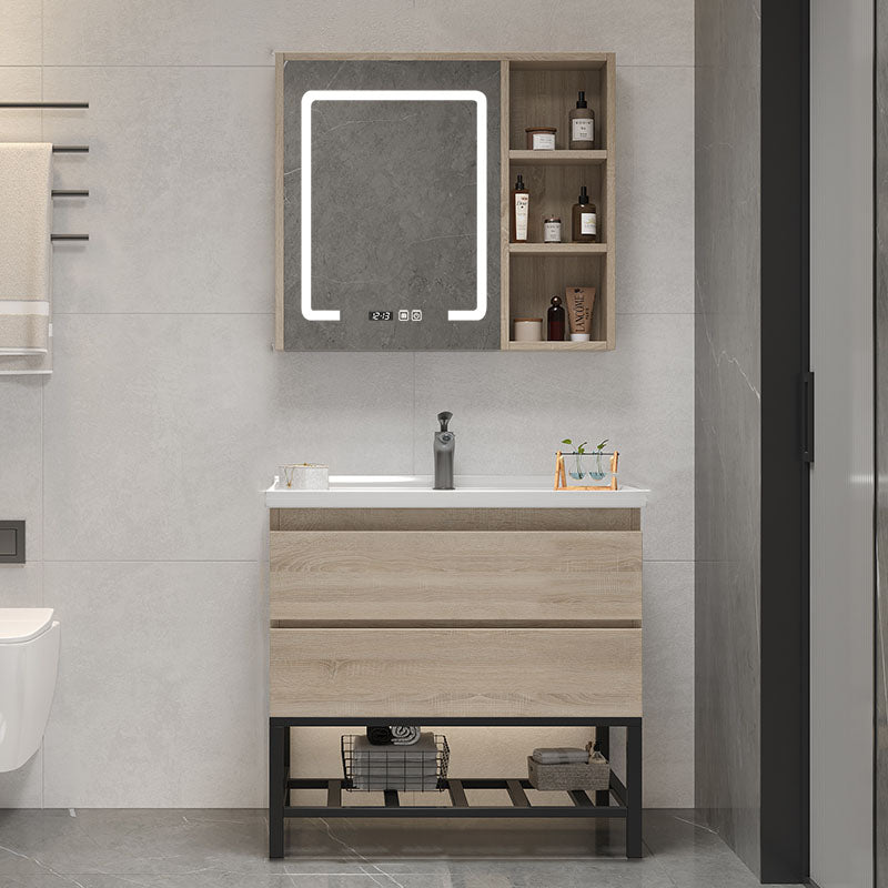 Wall-Mounted Bath Vanity Single Sink Door Rectangle Mirror Bathroom Vanity with Drawers Vanity & Faucet & Smart Medicine Cabinet 28"L x 19"W x 32"H Clearhalo 'Bathroom Remodel & Bathroom Fixtures' 'Bathroom Vanities' 'bathroom_vanities' 'Home Improvement' 'home_improvement' 'home_improvement_bathroom_vanities' 6772515