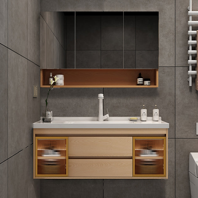 Wall Mount Vanity Mirror Single Sink Rectangle Door Wood Vanity with Drawers Vanity & Faucet & Mirror Cabinet Smart Control Not Included Clearhalo 'Bathroom Remodel & Bathroom Fixtures' 'Bathroom Vanities' 'bathroom_vanities' 'Home Improvement' 'home_improvement' 'home_improvement_bathroom_vanities' 6772634