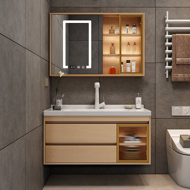 Wall Mount Vanity Mirror Single Sink Rectangle Door Wood Vanity with Drawers Vanity & Faucet & Mirror Cabinet Smart Control Included Clearhalo 'Bathroom Remodel & Bathroom Fixtures' 'Bathroom Vanities' 'bathroom_vanities' 'Home Improvement' 'home_improvement' 'home_improvement_bathroom_vanities' 6772638