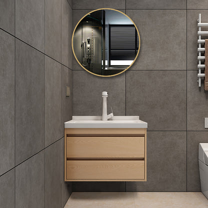 Wall Mount Vanity Mirror Single Sink Rectangle Door Wood Vanity with Drawers Vanity & Faucet & Round Mirror Smart Control Not Included Clearhalo 'Bathroom Remodel & Bathroom Fixtures' 'Bathroom Vanities' 'bathroom_vanities' 'Home Improvement' 'home_improvement' 'home_improvement_bathroom_vanities' 6772648
