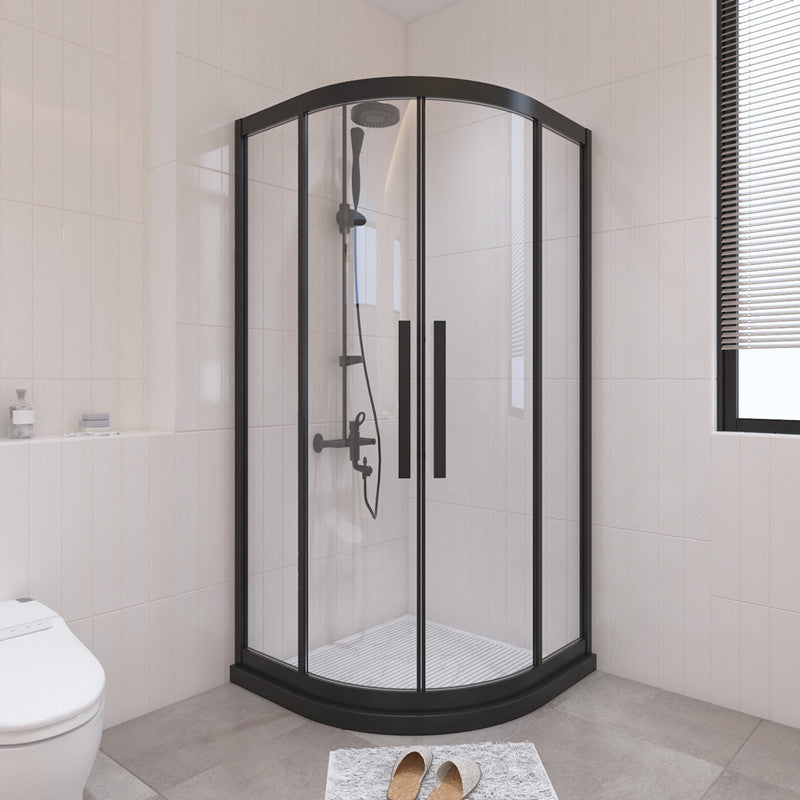 Modern Shower Stall Tempered Glass Double Sliding Neo-Round with Door Handles Shower Kit Black Clearhalo 'Bathroom Remodel & Bathroom Fixtures' 'Home Improvement' 'home_improvement' 'home_improvement_shower_stalls_enclosures' 'Shower Stalls & Enclosures' 'shower_stalls_enclosures' 'Showers & Bathtubs' 6772701