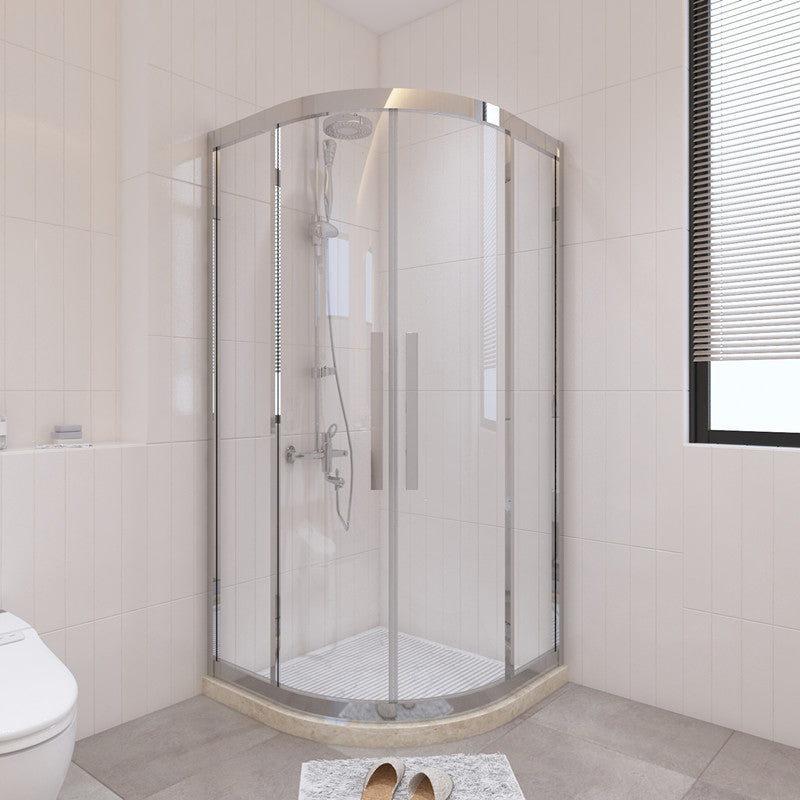 Modern Shower Stall Tempered Glass Double Sliding Neo-Round with Door Handles Shower Kit Silver Clearhalo 'Bathroom Remodel & Bathroom Fixtures' 'Home Improvement' 'home_improvement' 'home_improvement_shower_stalls_enclosures' 'Shower Stalls & Enclosures' 'shower_stalls_enclosures' 'Showers & Bathtubs' 6772702