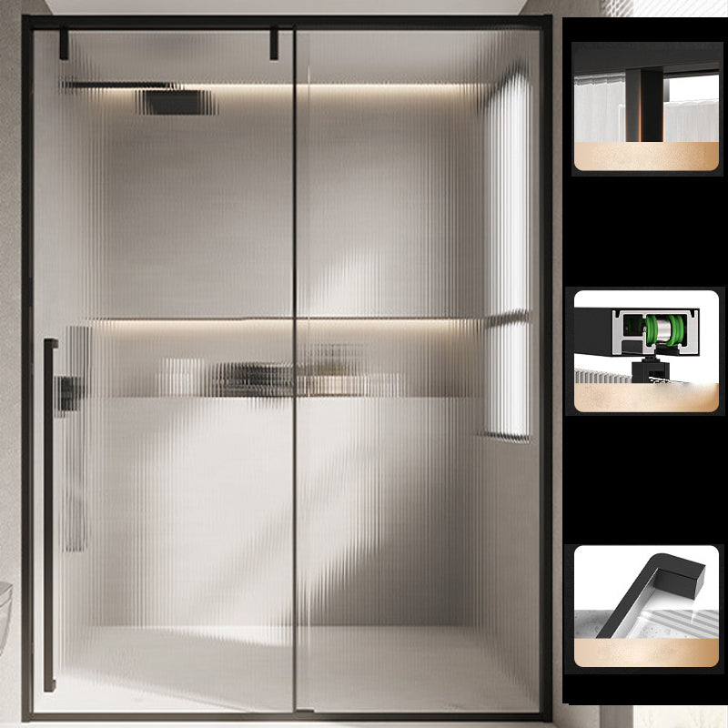 Glass and Metal Shower Door Simple One-Line Shower Black Bath Door Right Fluted Glass Clearhalo 'Bathroom Remodel & Bathroom Fixtures' 'Home Improvement' 'home_improvement' 'home_improvement_shower_tub_doors' 'Shower and Tub Doors' 'shower_tub_doors' 'Showers & Bathtubs' 6777780