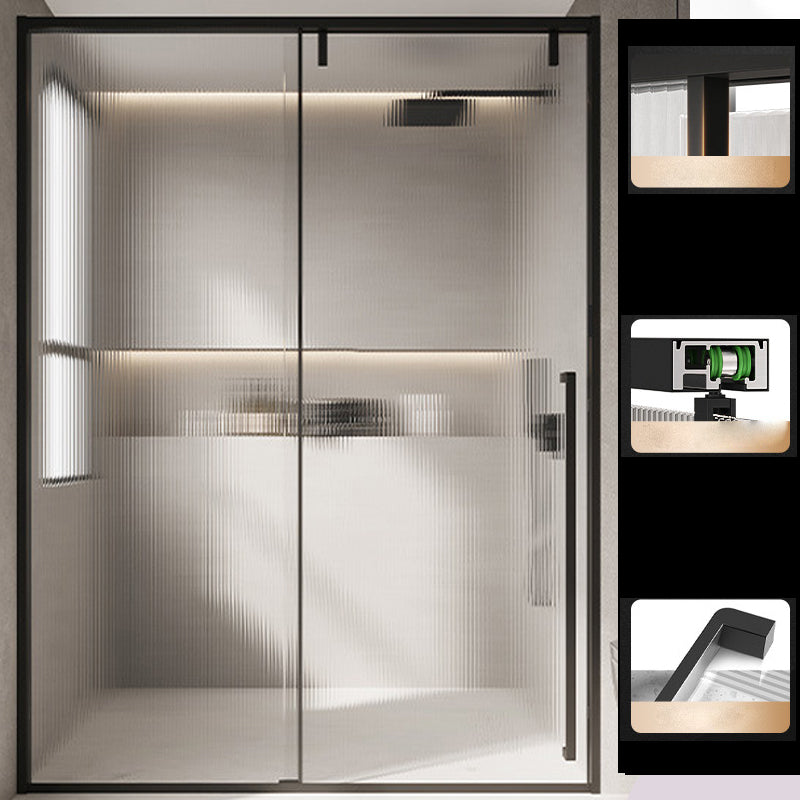 Glass and Metal Shower Door Simple One-Line Shower Black Bath Door Left Fluted Glass Clearhalo 'Bathroom Remodel & Bathroom Fixtures' 'Home Improvement' 'home_improvement' 'home_improvement_shower_tub_doors' 'Shower and Tub Doors' 'shower_tub_doors' 'Showers & Bathtubs' 6777783