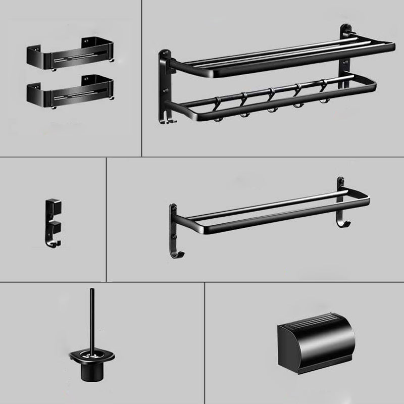 Modern Aluminum Bath Hardware Set Black Bathroom Accessory Kit 7-Piece Set (Square Bath Shelf) Clearhalo 'Bathroom Hardware Sets' 'Bathroom Hardware' 'Bathroom Remodel & Bathroom Fixtures' 'bathroom_hardware_sets' 'Home Improvement' 'home_improvement' 'home_improvement_bathroom_hardware_sets' 6778063