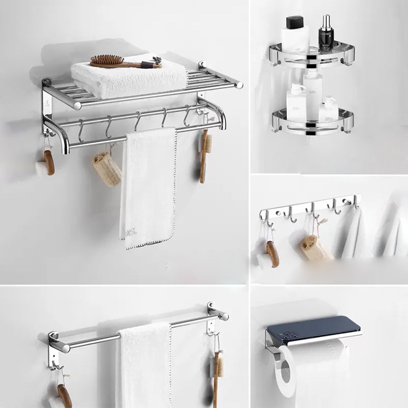 Modern Bathroom Accessory Kit Stainless Steel Bath Shelf Bathroom Set 6-Piece Set (Row Hook) Clearhalo 'Bathroom Hardware Sets' 'Bathroom Hardware' 'Bathroom Remodel & Bathroom Fixtures' 'bathroom_hardware_sets' 'Home Improvement' 'home_improvement' 'home_improvement_bathroom_hardware_sets' 6778129