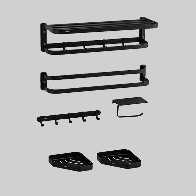 Modern Bathroom Accessory Kit Paper Holder Bath Shelf Bath Hardware Set Black 6-Piece Set (Row Hook) Foldable Clearhalo 'Bathroom Hardware Sets' 'Bathroom Hardware' 'Bathroom Remodel & Bathroom Fixtures' 'bathroom_hardware_sets' 'Home Improvement' 'home_improvement' 'home_improvement_bathroom_hardware_sets' 6778179