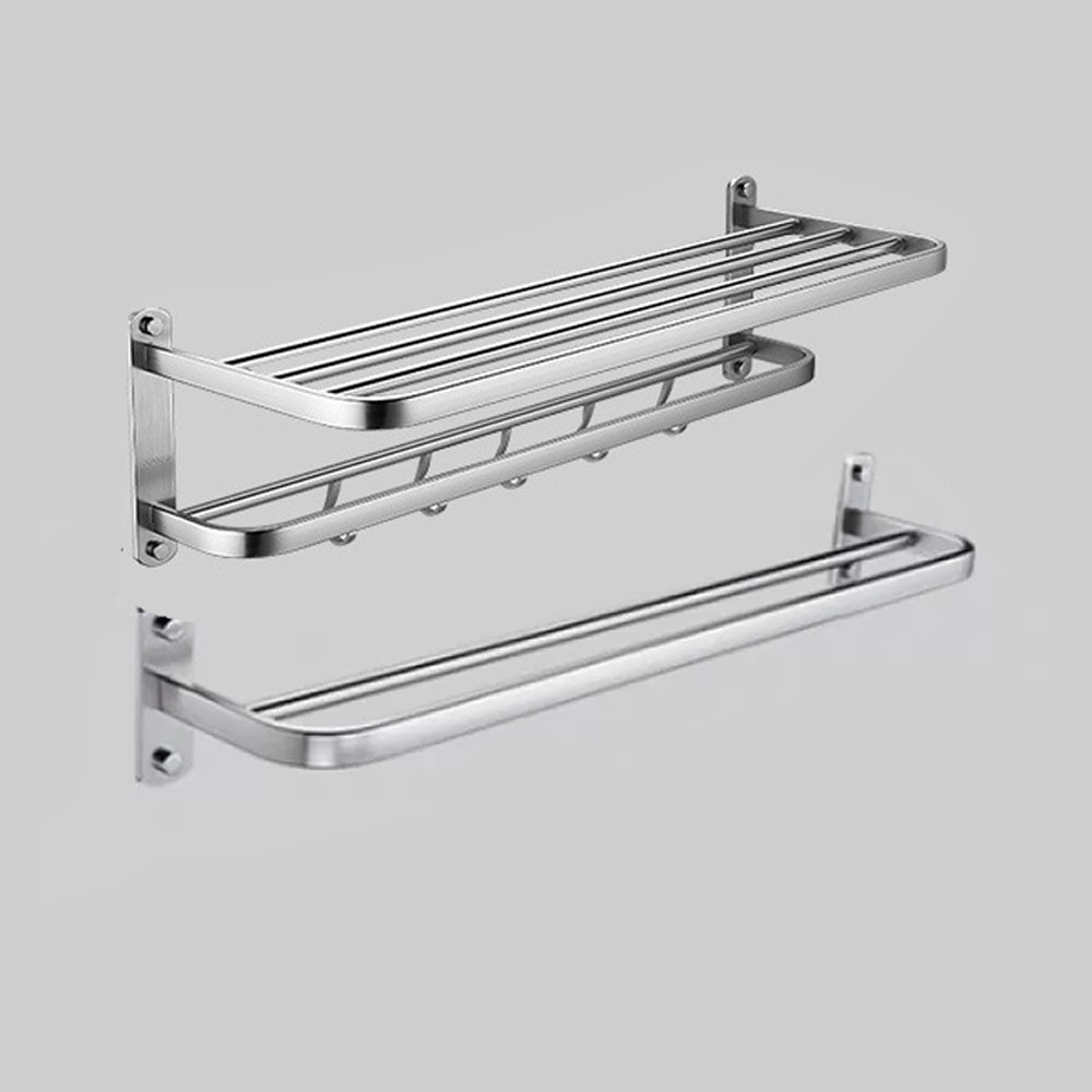 Modern Bathroom Accessory Kit Paper Holder Bath Shelf Bath Hardware Set Silver Towel Rack with Towel Bar Foldable Clearhalo 'Bathroom Hardware Sets' 'Bathroom Hardware' 'Bathroom Remodel & Bathroom Fixtures' 'bathroom_hardware_sets' 'Home Improvement' 'home_improvement' 'home_improvement_bathroom_hardware_sets' 6778186