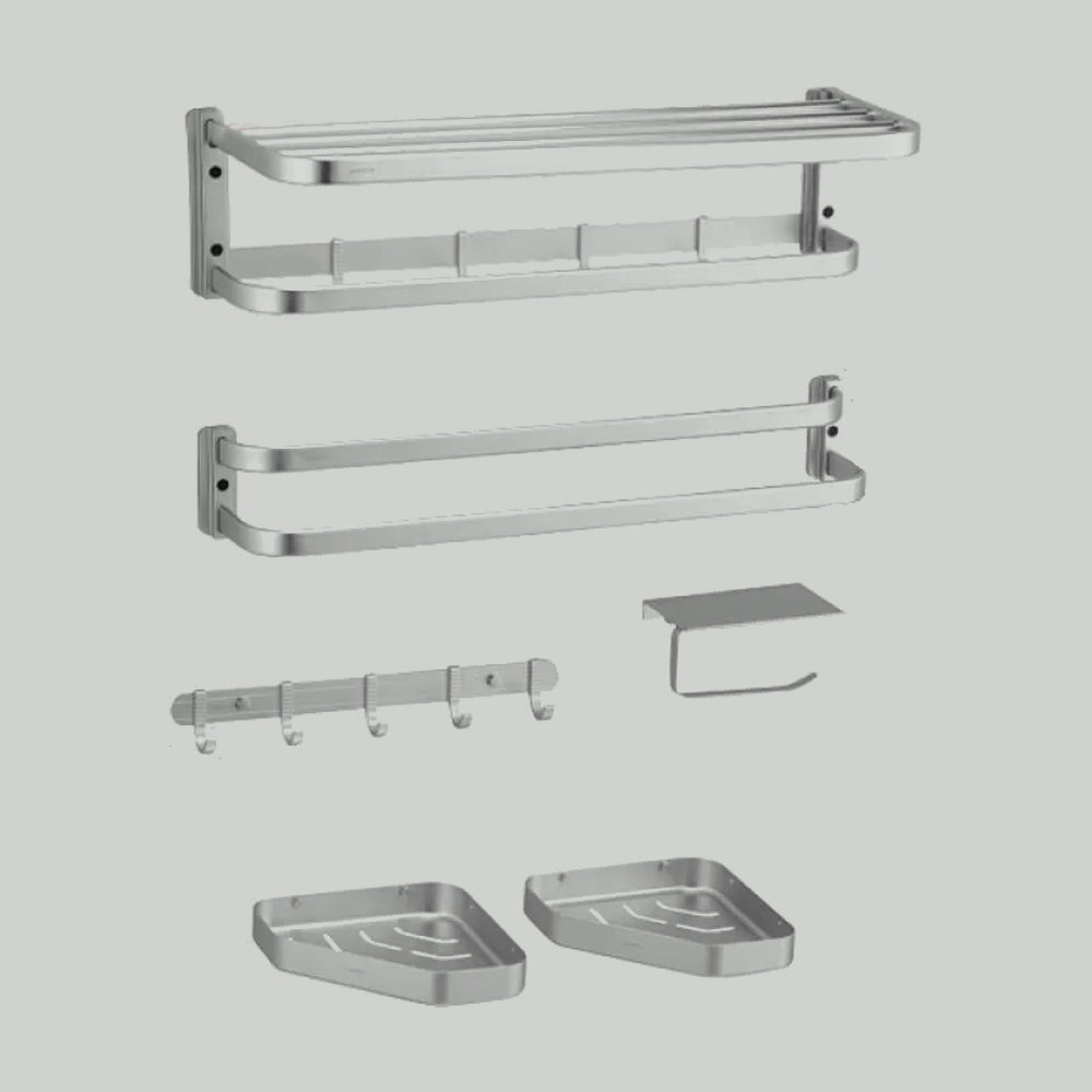 Modern Bathroom Accessory Kit Paper Holder Bath Shelf Bath Hardware Set Silver 6-Piece Set (Row Hook) Foldable Clearhalo 'Bathroom Hardware Sets' 'Bathroom Hardware' 'Bathroom Remodel & Bathroom Fixtures' 'bathroom_hardware_sets' 'Home Improvement' 'home_improvement' 'home_improvement_bathroom_hardware_sets' 6778191