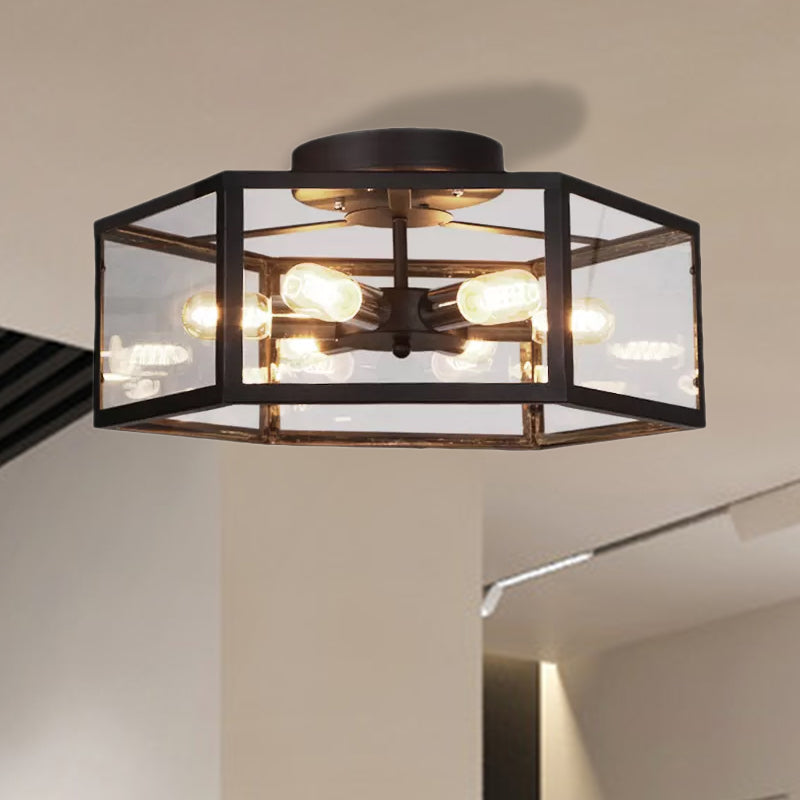 6 Bulbs Semi Flush Mount Vintage Geometric Clear Glass Ceiling Light in Black for Kitchen Clearhalo 'Ceiling Lights' 'Close To Ceiling Lights' 'Close to ceiling' 'Semi-flushmount' Lighting' 678206