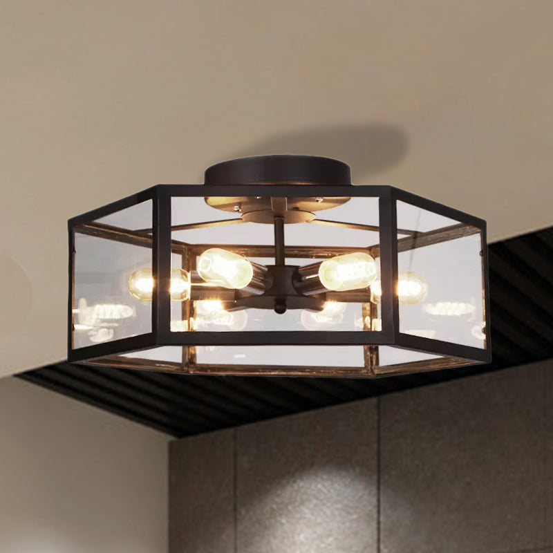 6 Bulbs Semi Flush Mount Vintage Geometric Clear Glass Ceiling Light in Black for Kitchen Clearhalo 'Ceiling Lights' 'Close To Ceiling Lights' 'Close to ceiling' 'Semi-flushmount' Lighting' 678207