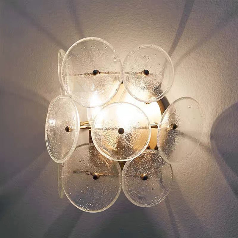 Clear Textured Glass Circle Sconce Minimalism 2 Bulbs Wall Mounted Light Fixture for Living Room Clear Clearhalo 'Cast Iron' 'Glass' 'Industrial' 'Modern wall lights' 'Modern' 'Tiffany' 'Traditional wall lights' 'Wall Lamps & Sconces' 'Wall Lights' Lighting' 678323