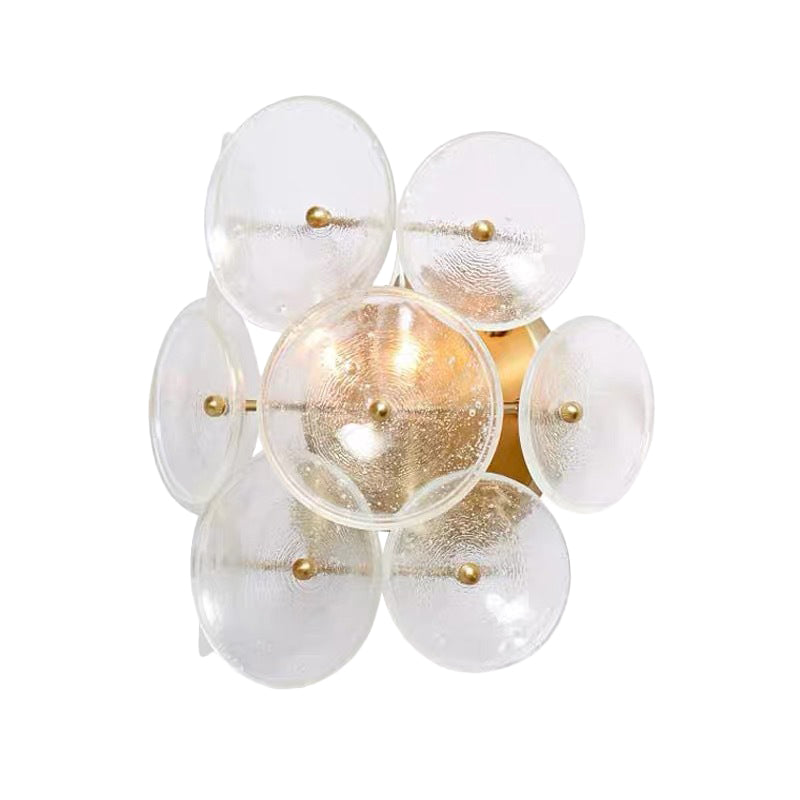Clear Textured Glass Circle Sconce Minimalism 2 Bulbs Wall Mounted Light Fixture for Living Room Clearhalo 'Cast Iron' 'Glass' 'Industrial' 'Modern wall lights' 'Modern' 'Tiffany' 'Traditional wall lights' 'Wall Lamps & Sconces' 'Wall Lights' Lighting' 678325