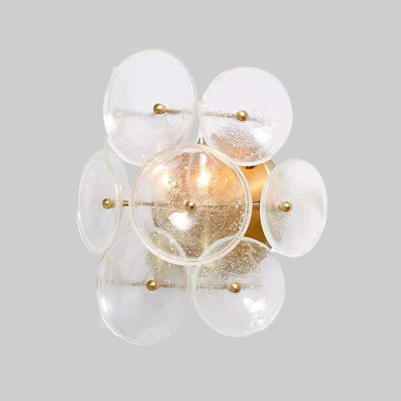 Clear Textured Glass Circle Sconce Minimalism 2 Bulbs Wall Mounted Light Fixture for Living Room Clearhalo 'Cast Iron' 'Glass' 'Industrial' 'Modern wall lights' 'Modern' 'Tiffany' 'Traditional wall lights' 'Wall Lamps & Sconces' 'Wall Lights' Lighting' 678326