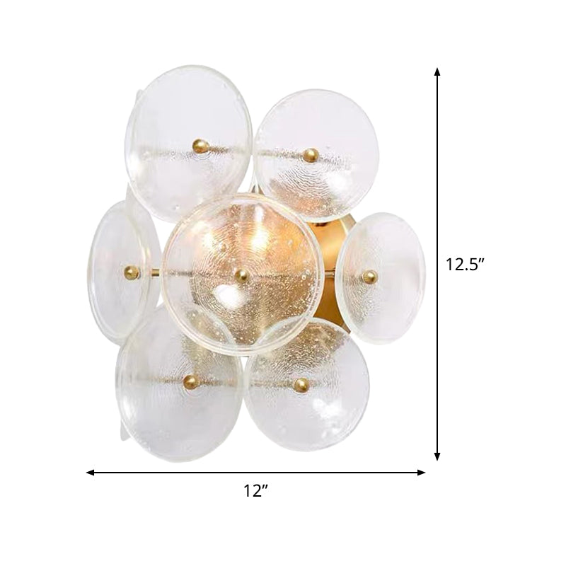 Clear Textured Glass Circle Sconce Minimalism 2 Bulbs Wall Mounted Light Fixture for Living Room Clearhalo 'Cast Iron' 'Glass' 'Industrial' 'Modern wall lights' 'Modern' 'Tiffany' 'Traditional wall lights' 'Wall Lamps & Sconces' 'Wall Lights' Lighting' 678327