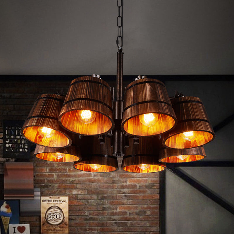 6 Heads Bucket Pendant Chandelier Wood Rustic Lodge Ceiling Hanging Lamp for Dining Room Clearhalo 'Carpenter Chandeliers' 'Ceiling Lights' 'Chandeliers' 'Industrial Chandeliers' 'Industrial' 'Middle Century Chandeliers' 'Modern' 'Tiffany' Lighting' 678358