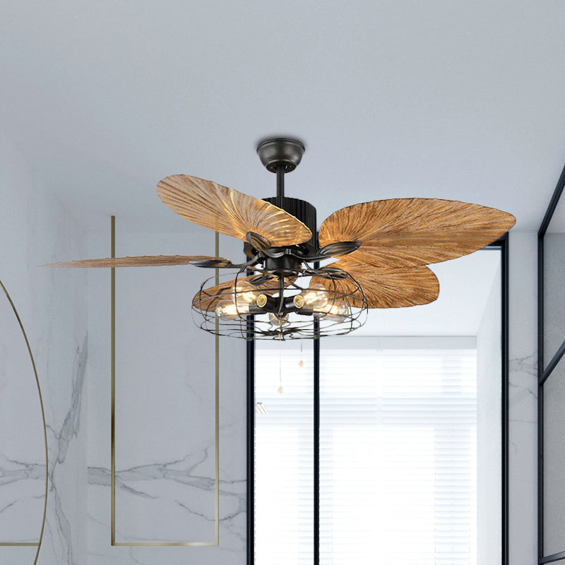 Classical Cage Style Semi Flush Mount Metal 4 Lights Ceiling Fan with Crystal Pendants in Black Clearhalo 'Ceiling Fans with Lights' 'Ceiling Fans' 'Industrial Ceiling Fans' 'Industrial' Lighting' 678409