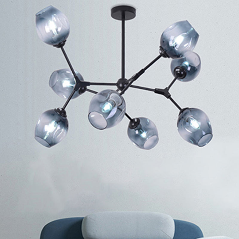 Black Branch Chandelier Modern Nordic Style 6/8/9 Lights Amber/Blue/Clear Glass Ceiling Light with Adjustable Arm 8 Blue Clearhalo 'Ceiling Lights' 'Chandeliers' 'Clear' 'Glass shade' 'Glass' 'Industrial' 'Modern Chandeliers' 'Modern' 'Tiffany' 'Traditional Chandeliers' Lighting' 678557