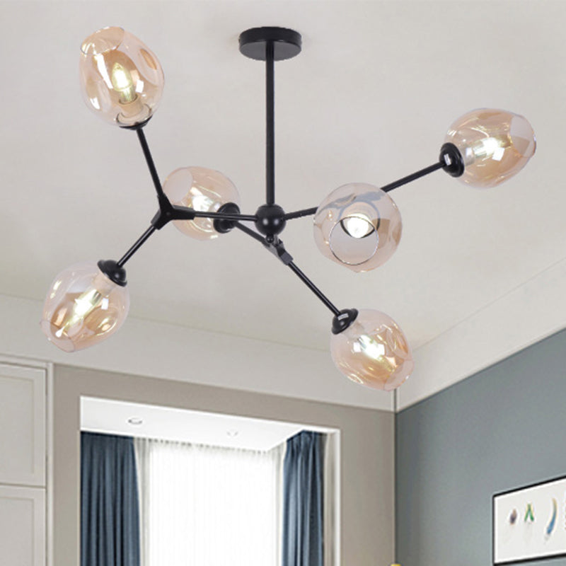 Black Branch Chandelier Modern Nordic Style 6/8/9 Lights Amber/Blue/Clear Glass Ceiling Light with Adjustable Arm Clearhalo 'Ceiling Lights' 'Chandeliers' 'Clear' 'Glass shade' 'Glass' 'Industrial' 'Modern Chandeliers' 'Modern' 'Tiffany' 'Traditional Chandeliers' Lighting' 678561