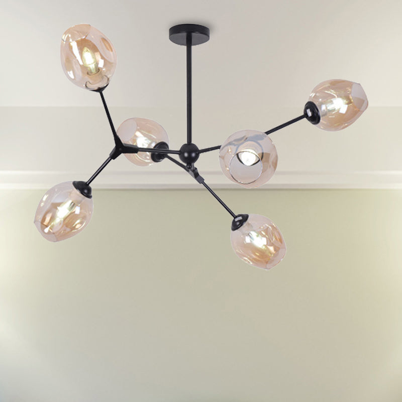 Black Branch Chandelier Modern Nordic Style 6/8/9 Lights Amber/Blue/Clear Glass Ceiling Light with Adjustable Arm Clearhalo 'Ceiling Lights' 'Chandeliers' 'Clear' 'Glass shade' 'Glass' 'Industrial' 'Modern Chandeliers' 'Modern' 'Tiffany' 'Traditional Chandeliers' Lighting' 678562