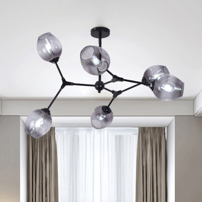 Black Branch Chandelier Modern Nordic Style 6/8/9 Lights Amber/Blue/Clear Glass Ceiling Light with Adjustable Arm Clearhalo 'Ceiling Lights' 'Chandeliers' 'Clear' 'Glass shade' 'Glass' 'Industrial' 'Modern Chandeliers' 'Modern' 'Tiffany' 'Traditional Chandeliers' Lighting' 678563