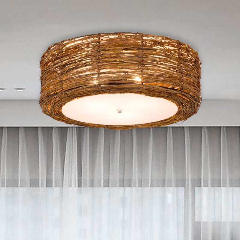 Hand-Woven Flush Mount Lamp with Round Shade Modern Rattan 3 Lights Bedroom Ceiling Light Fixture in Brown, 16"/19.5" W Clearhalo 'Ceiling Lights' 'Close To Ceiling Lights' 'Close to ceiling' 'Flush mount' Lighting' 678628