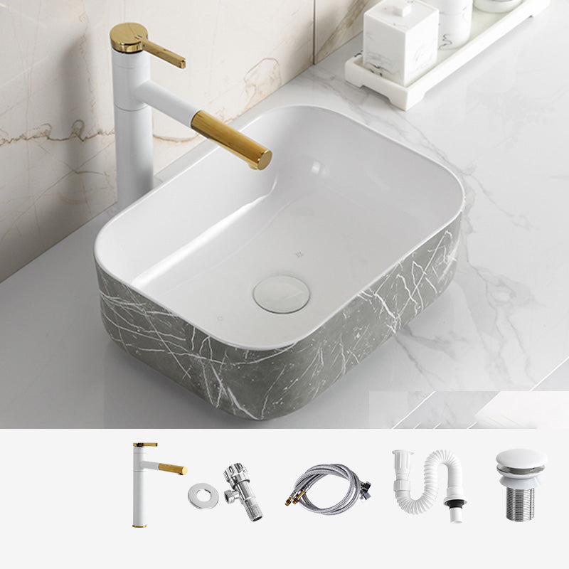 Modern Bathroom Sink Ceramic Marble Pattern Round Bathroom Sink with Pulling Faucet 16"L x 12"W x 5"H Rotary Faucet Sink with Faucet Clearhalo 'Bathroom Remodel & Bathroom Fixtures' 'Bathroom Sinks & Faucet Components' 'Bathroom Sinks' 'bathroom_sink' 'Home Improvement' 'home_improvement' 'home_improvement_bathroom_sink' 6786970