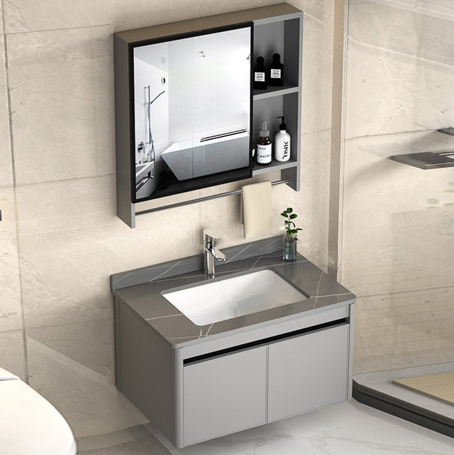 2 Doors Bathroom Vanity Mirror Grey Rectangle Single Sink Wall Mount Vanity Vanity & Faucet & Mirror Cabinet 27.6"L x 18.5"W x 17.7"H Gray Clearhalo 'Bathroom Remodel & Bathroom Fixtures' 'Bathroom Vanities' 'bathroom_vanities' 'Home Improvement' 'home_improvement' 'home_improvement_bathroom_vanities' 6787037