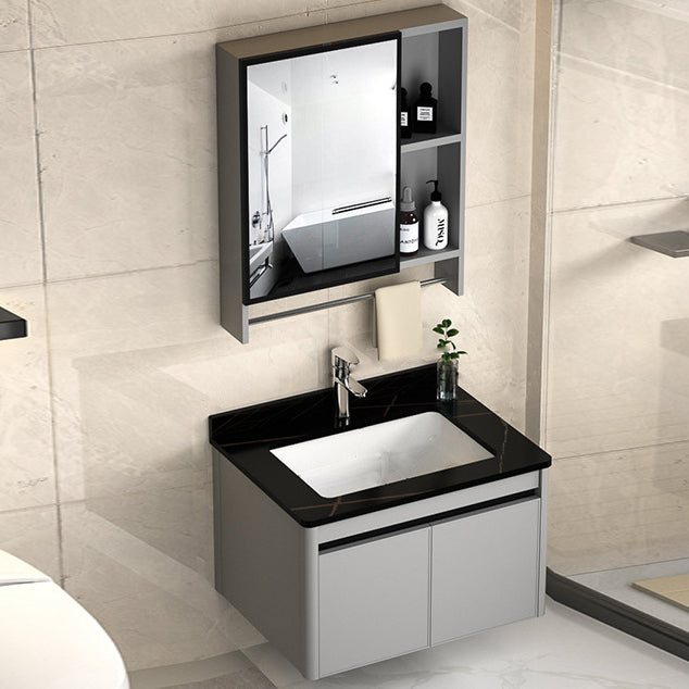 2 Doors Bathroom Vanity Mirror Grey Rectangle Single Sink Wall Mount Vanity Vanity & Faucet & Mirror Cabinet 23.6"L x 18.5"W x 17.7"H Black Clearhalo 'Bathroom Remodel & Bathroom Fixtures' 'Bathroom Vanities' 'bathroom_vanities' 'Home Improvement' 'home_improvement' 'home_improvement_bathroom_vanities' 6787039