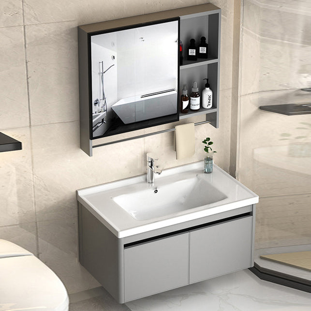 2 Doors Bathroom Vanity Mirror Grey Rectangle Single Sink Wall Mount Vanity Vanity & Faucet & Mirror Cabinet 32"L x 19"W x 18"H White Clearhalo 'Bathroom Remodel & Bathroom Fixtures' 'Bathroom Vanities' 'bathroom_vanities' 'Home Improvement' 'home_improvement' 'home_improvement_bathroom_vanities' 6787042