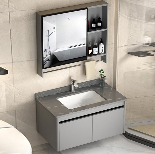 2 Doors Bathroom Vanity Mirror Grey Rectangle Single Sink Wall Mount Vanity Vanity & Faucet & Mirror Cabinet 31.5"L x 18.5"W x 17.7"H Gray Clearhalo 'Bathroom Remodel & Bathroom Fixtures' 'Bathroom Vanities' 'bathroom_vanities' 'Home Improvement' 'home_improvement' 'home_improvement_bathroom_vanities' 6787044