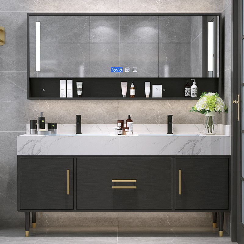 Double Sink Vanity Set 2 Doors Rectangle Freestanding Metal Frame Vanity with Mirror Clearhalo 'Bathroom Remodel & Bathroom Fixtures' 'Bathroom Vanities' 'bathroom_vanities' 'Home Improvement' 'home_improvement' 'home_improvement_bathroom_vanities' 6787106